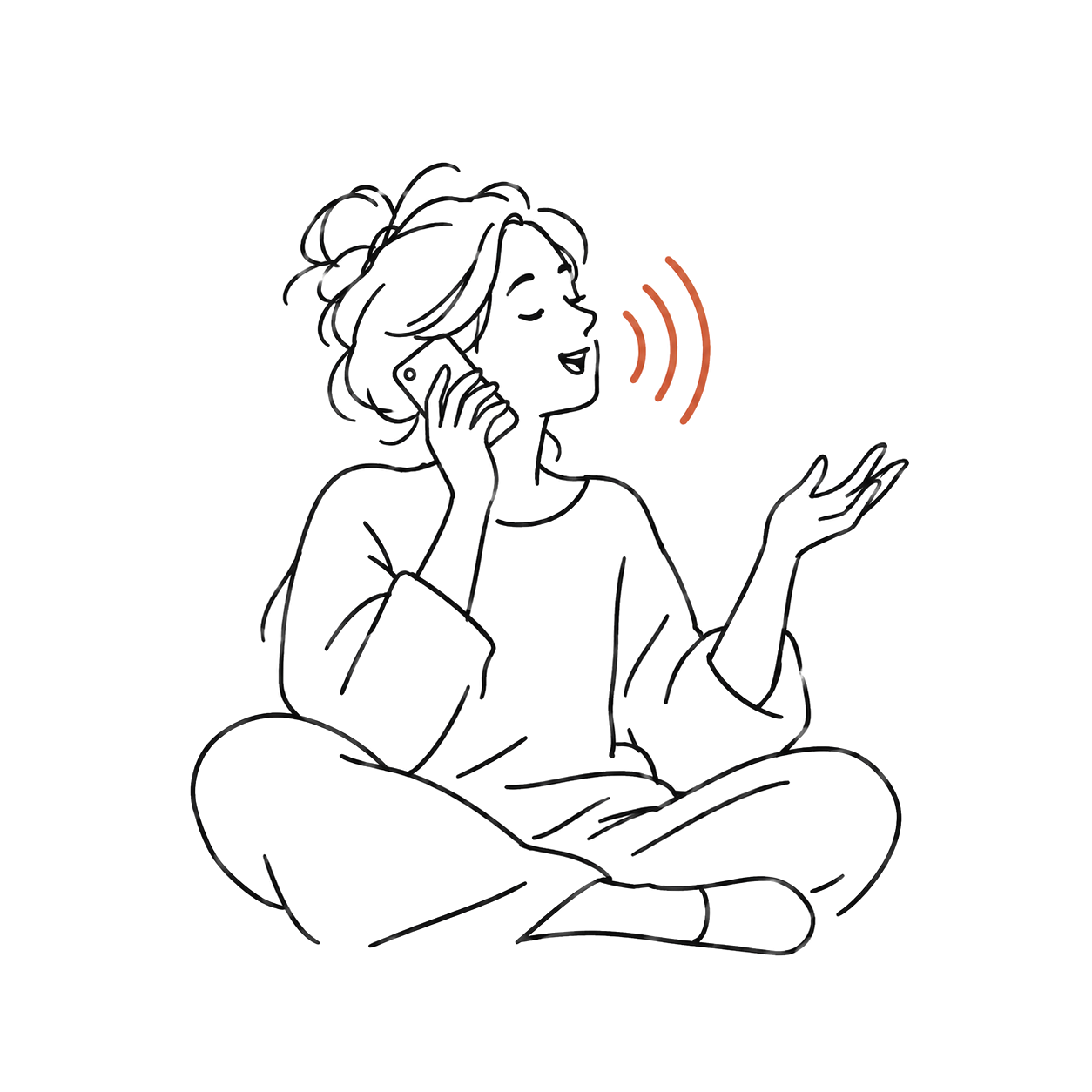 Hand-drawn person on a phone call, talking freely, with orange sound waves